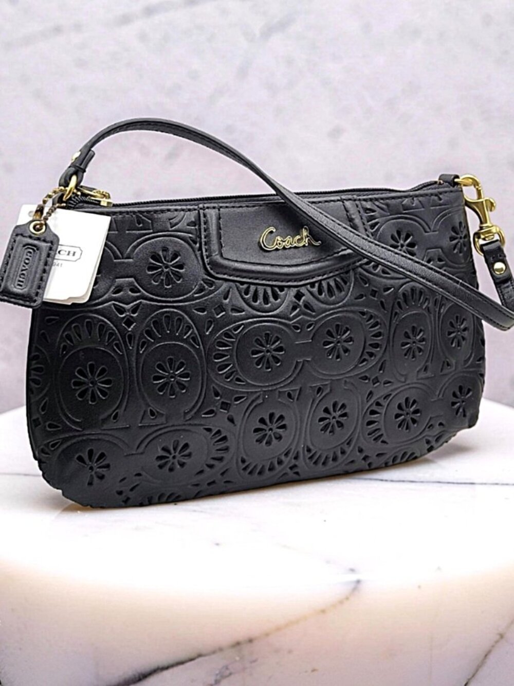 Ashley Lace Coach NWT Black Leather Mini Bag | Laser Cut Floral Detail